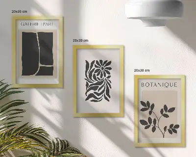 Trittico incorniciato con motivi astratti di piante e forme geometriche