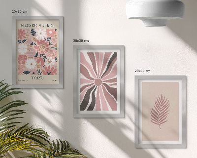 Composizione di 3 quadri Motivi floreali con foglie e forme geometriche