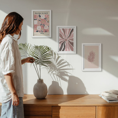 Composizione di 3 quadri Motivi floreali con foglie e forme geometriche