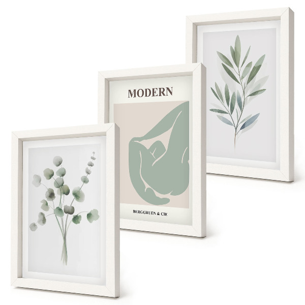 Composizione di 3 quadri Motivi vegetali in delicate tonalità di verde