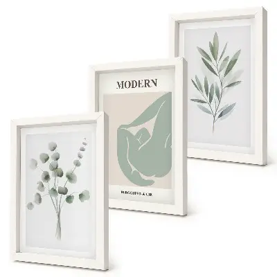 Composizione di 3 quadri con motivi vegetali in delicate tonalità di verde