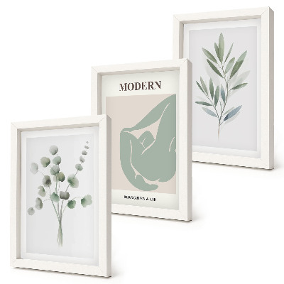 Composizione di 3 quadri Motivi vegetali in delicate tonalità di verde