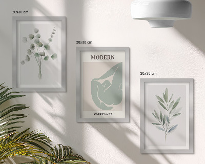 Composizione di 3 quadri Motivi vegetali in delicate tonalità di verde