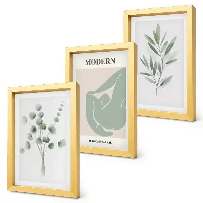 Composizione di 3 quadri con motivi vegetali in delicate tonalità di verde