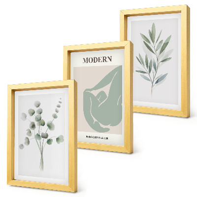 Composizione di 3 quadri Motivi vegetali in delicate tonalità di verde