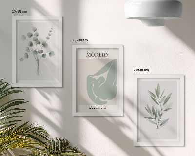 Composizione di 3 quadri Motivi vegetali in delicate tonalità di verde