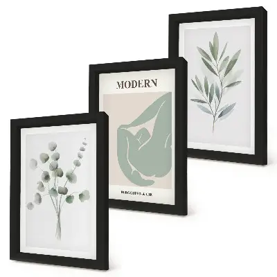 Composizione di 3 quadri con motivi vegetali in delicate tonalità di verde