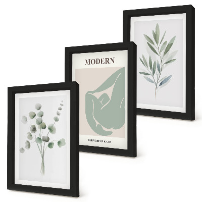 Composizione di 3 quadri Motivi vegetali in delicate tonalità di verde