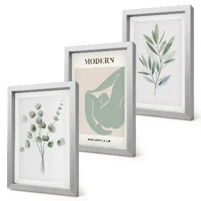 Composizione di 3 quadri con motivi vegetali in delicate tonalità di verde