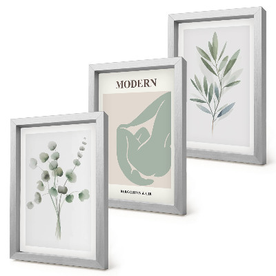 Composizione di 3 quadri Motivi vegetali in delicate tonalità di verde