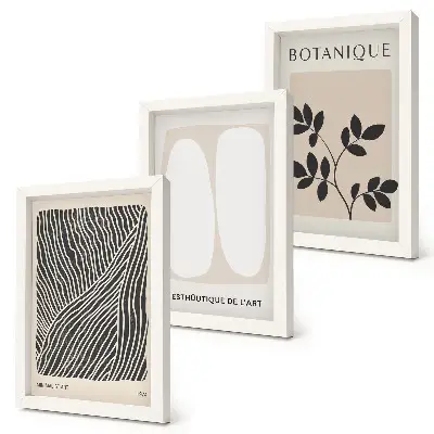 Composizione di 3 quadri con motivi floreali e linee minimaliste in colori neutri