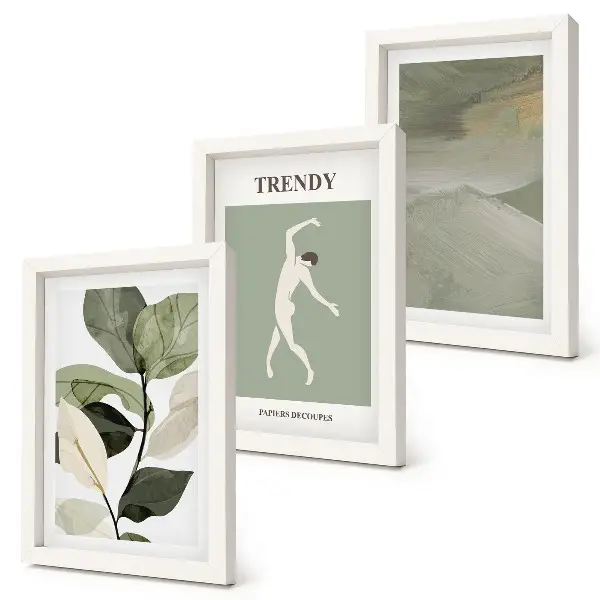 Trittico incorniciato con motivi vegetali, silhouette e forme astratte