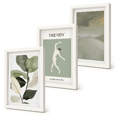 Trittico incorniciato con motivi vegetali, silhouette e forme astratte