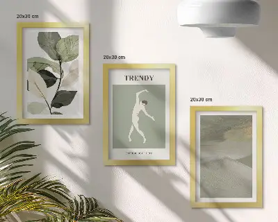 Trittico incorniciato con motivi vegetali, silhouette e forme astratte