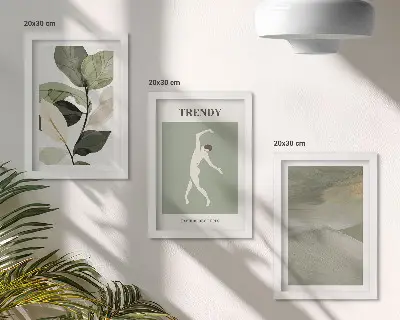 Trittico incorniciato con motivi vegetali, silhouette e forme astratte