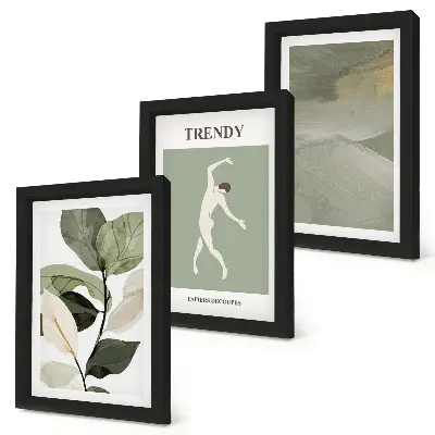Trittico incorniciato con motivi vegetali, silhouette e forme astratte