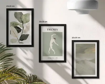 Trittico incorniciato con motivi vegetali, silhouette e forme astratte