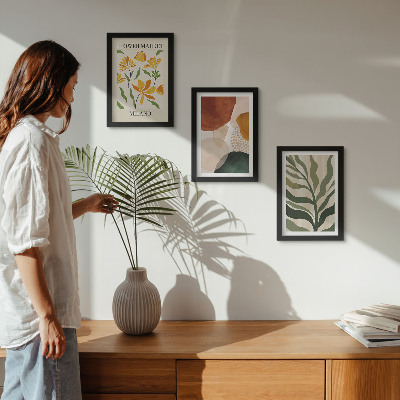 Composizione di 3 quadri Motivi floreali con forme astratte e foglie