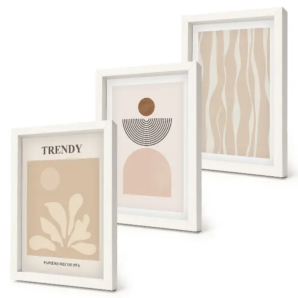 Composizione di 3 quadri con eleganti motivi astratti nei toni del beige