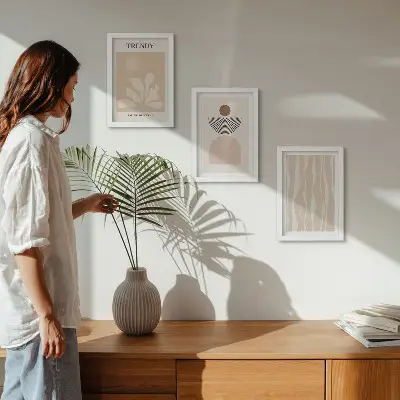 Composizione di 3 quadri con eleganti motivi astratti nei toni del beige