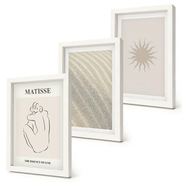 Trittico di quadri linee minimaliste con sabbia, onde e sole