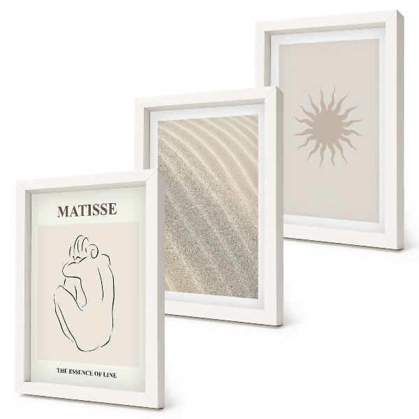Composizione di 3 quadri Linee minimaliste, sabbia, onde e sole.
