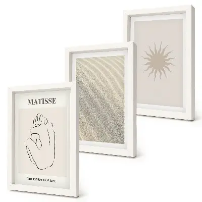 Trittico di quadri linee minimaliste con sabbia, onde e sole
