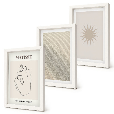 Composizione di 3 quadri Linee minimaliste, sabbia, onde e sole.