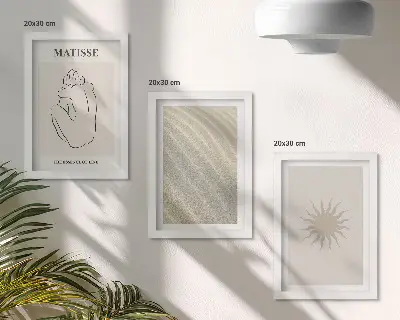 Trittico di quadri linee minimaliste con sabbia, onde e sole