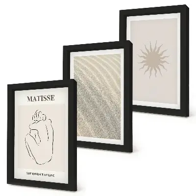 Trittico di quadri linee minimaliste con sabbia, onde e sole