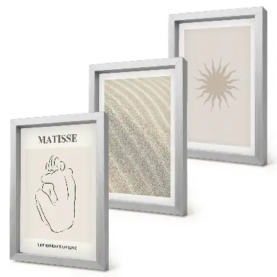 Trittico di quadri linee minimaliste con sabbia, onde e sole