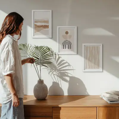 Trittico incorniciato paesaggio astratto con forme naturali e geometrie