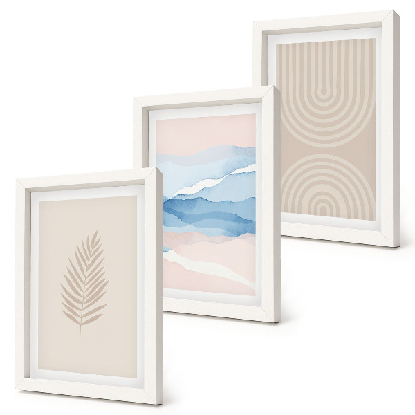 Composizione di 3 quadri Foglie e onde nelle tonalità del beige e del blu