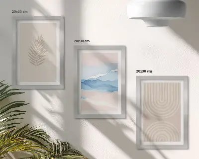 Composizione di 3 quadri con foglie e onde nelle tonalità del beige e del blu