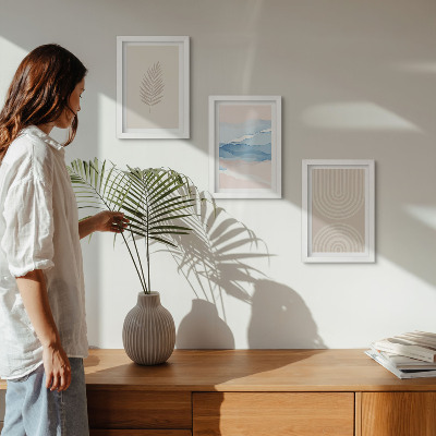 Composizione di 3 quadri Foglie e onde nelle tonalità del beige e del blu