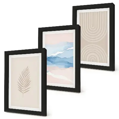 Composizione di 3 quadri con foglie e onde nelle tonalità del beige e del blu