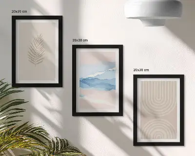 Composizione di 3 quadri con foglie e onde nelle tonalità del beige e del blu