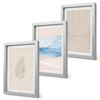 Composizione di 3 quadri con foglie e onde nelle tonalità del beige e del blu