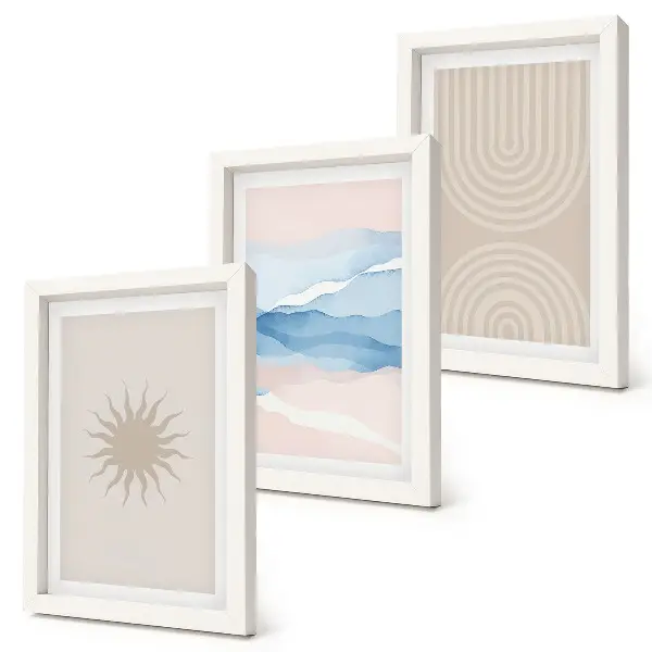 Trittico incorniciato con stampa di sole, onde e linee astratte in colori pastello