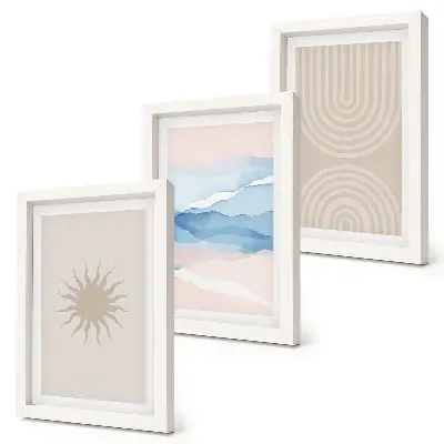 Trittico incorniciato con stampa di sole, onde e linee astratte in colori pastello