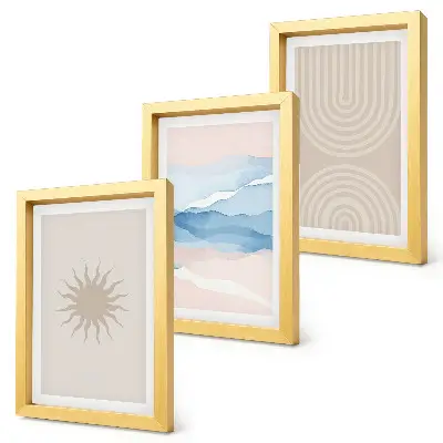 Trittico incorniciato con stampa di sole, onde e linee astratte in colori pastello