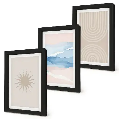 Trittico incorniciato con stampa di sole, onde e linee astratte in colori pastello