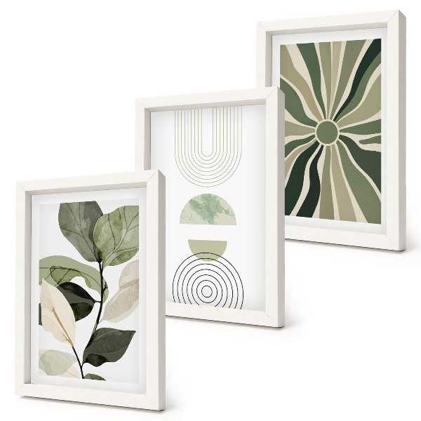 Composizione di 3 quadri Motivi vegetali con forme geometriche in verde
