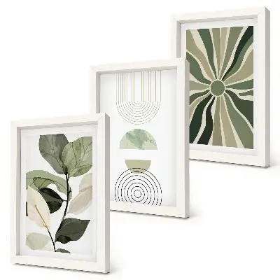 Composizione di 3 quadri con motivi vegetali e forme geometriche verdi