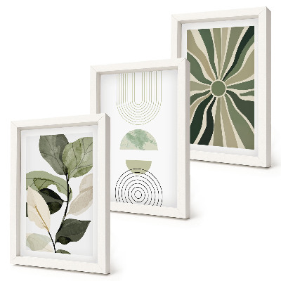 Composizione di 3 quadri Motivi vegetali con forme geometriche in verde