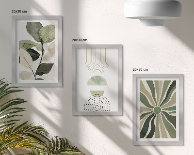Composizione di 3 quadri Motivi vegetali con forme geometriche in verde