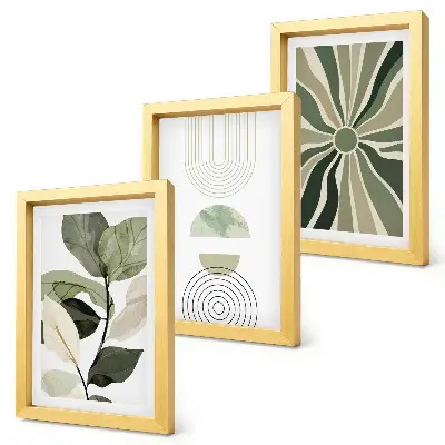 Composizione di 3 quadri con motivi vegetali e forme geometriche verdi
