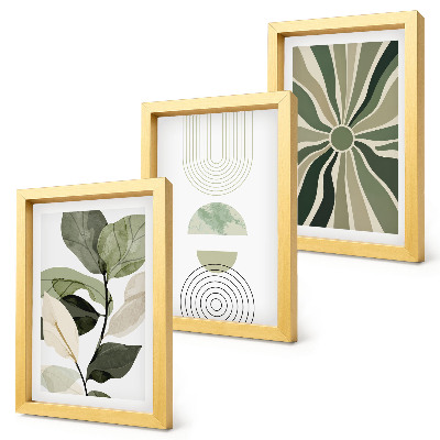 Composizione di 3 quadri Motivi vegetali con forme geometriche in verde