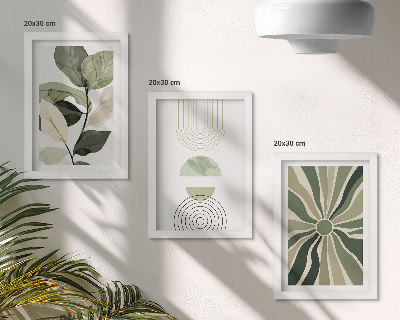 Composizione di 3 quadri Motivi vegetali con forme geometriche in verde