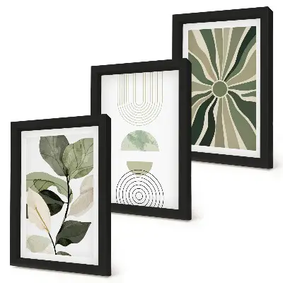 Composizione di 3 quadri con motivi vegetali e forme geometriche verdi